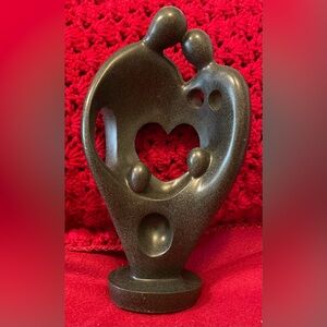 Elegant Black Family Heart Figurine. Hand Crafted Stone Sculpture